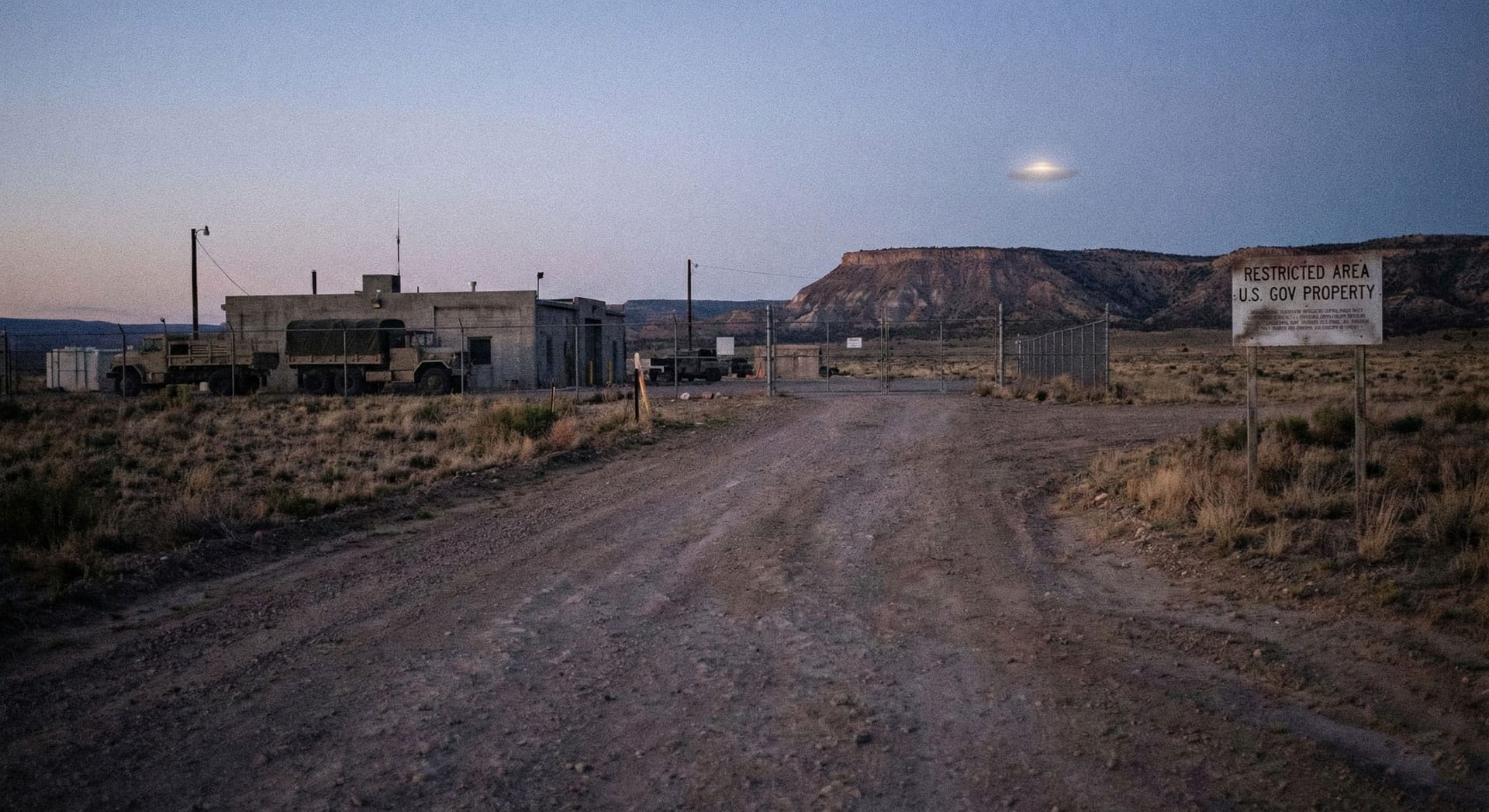 Concept illustration of the restricted Dulce Base entrance in the New Mexico desert at dusk, with a glowing UFO hovering overhead, representing the underground alien conspiracy.