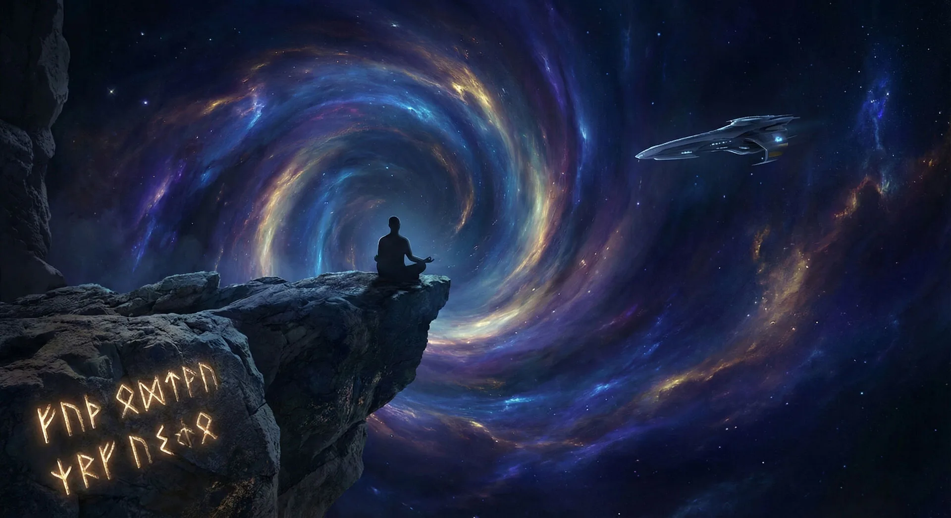 A surreal digital illustration of a silhouette gazing into a cosmic nebula that forms a glowing geometric mandala, representing the blend of science and spirituality in visionary fiction.