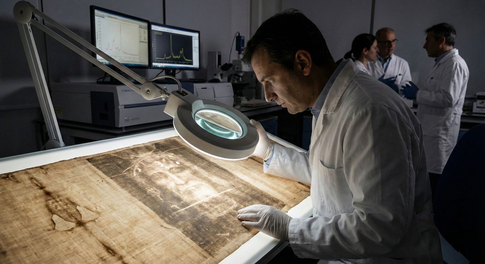 Digital illustration of the Shroud of Turin glowing with ethereal blue light, depicting a double helix DNA strand merging with the ancient fabric, symbolizing the alien conspiracy theory.