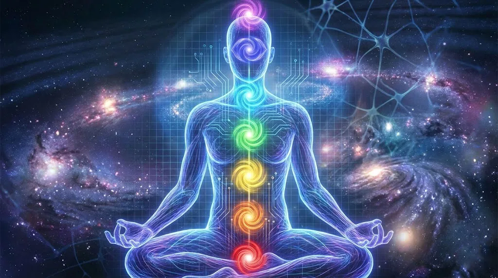 Abstract visualization of the Chakra Energy System radiating light from a human silhouette