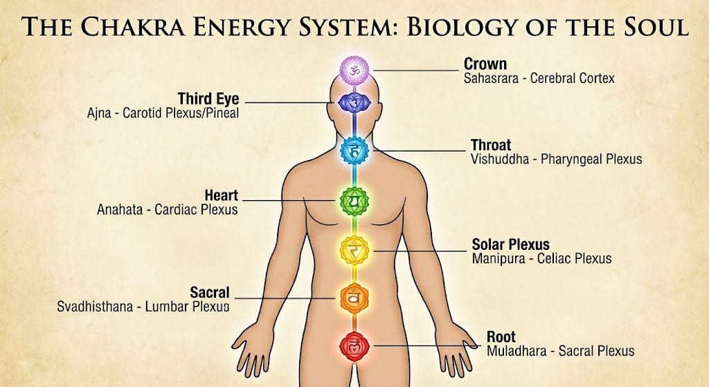 Diagram of the 7 Chakra Energy System centers labeled on a human body silhouette