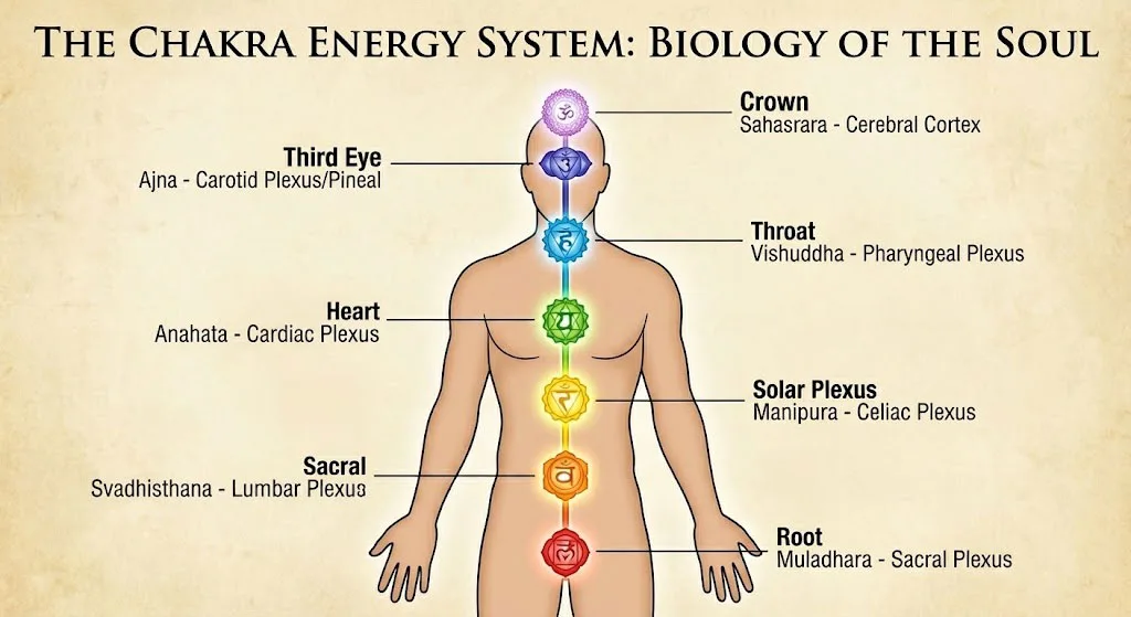 Diagram of the 7 Chakra Energy System centers labeled on a human body silhouette
