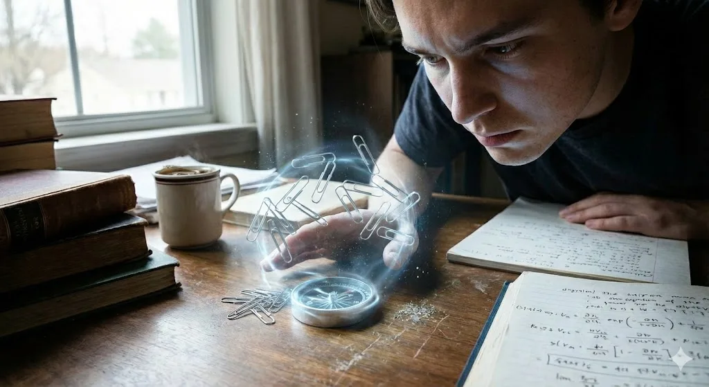 Psychokinetics featured image showing telekinetic mind power moving objects in a dark room